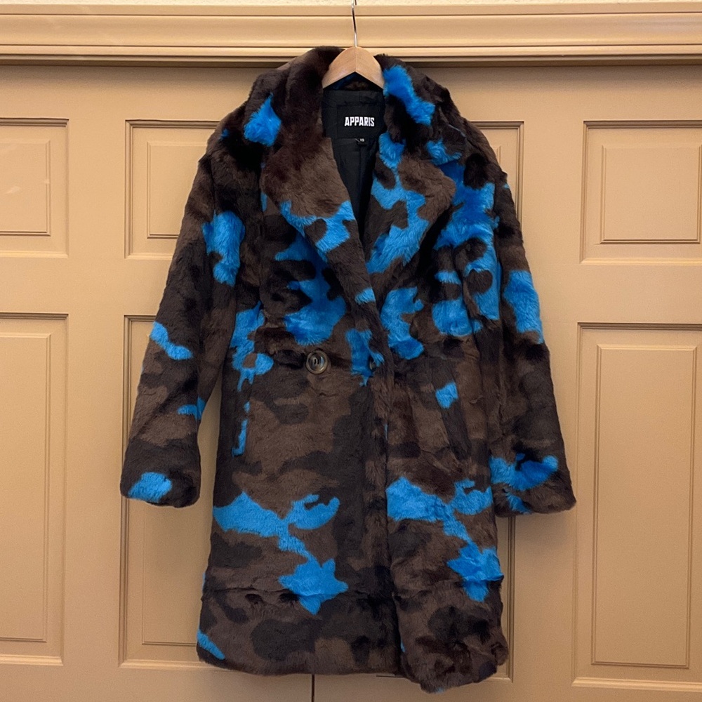 Apparis Vibrant Blue and Brown Faux Fur Coat